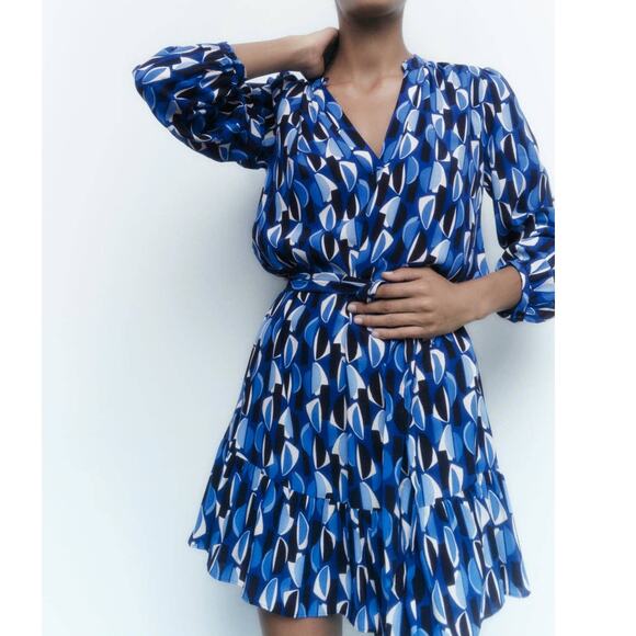 Zara Dresses & Skirts - Zara Geometric PRINTED SHORT DRESS with Belt Tie in Blue